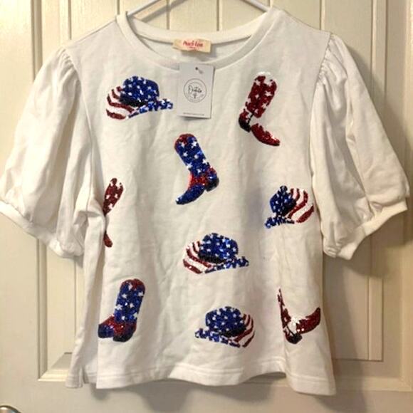 NWT Peach Love Sequin Boot Scootin 4th Of July USA Puff Sleeve Top M - Picture 6 of 9